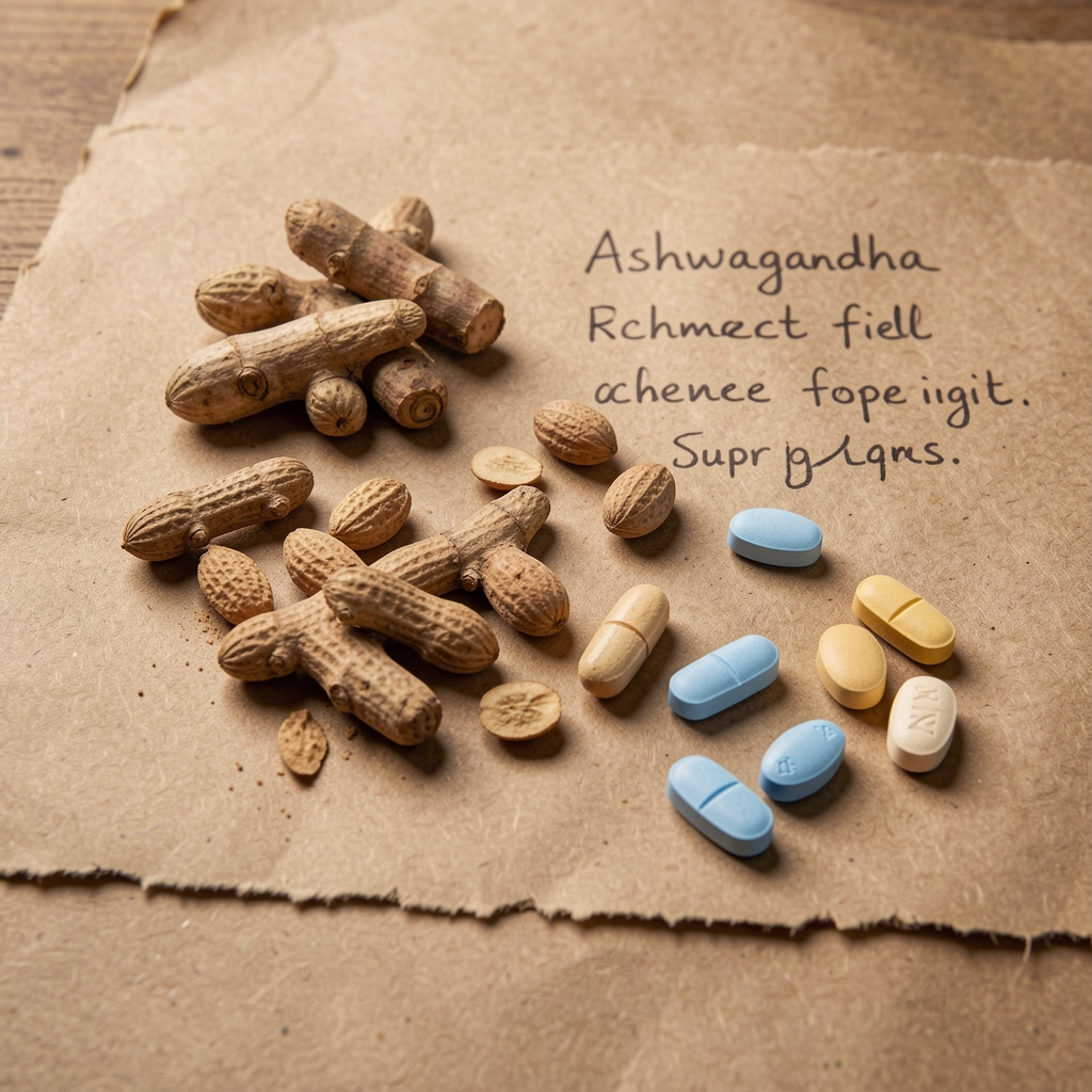 Assortment of plant-based supplement ingredients including ashwagandha root and zinc soft-gels laid out on rough kraft paper with handwritten field notes